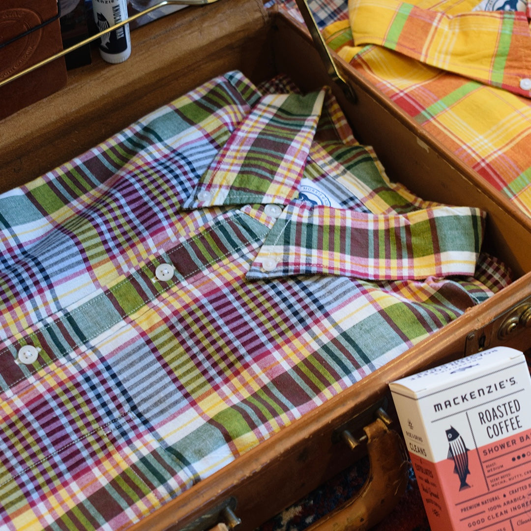 Green / Yellow / Red Short Sleeve Madras Button Down Shirt - Classic Fit