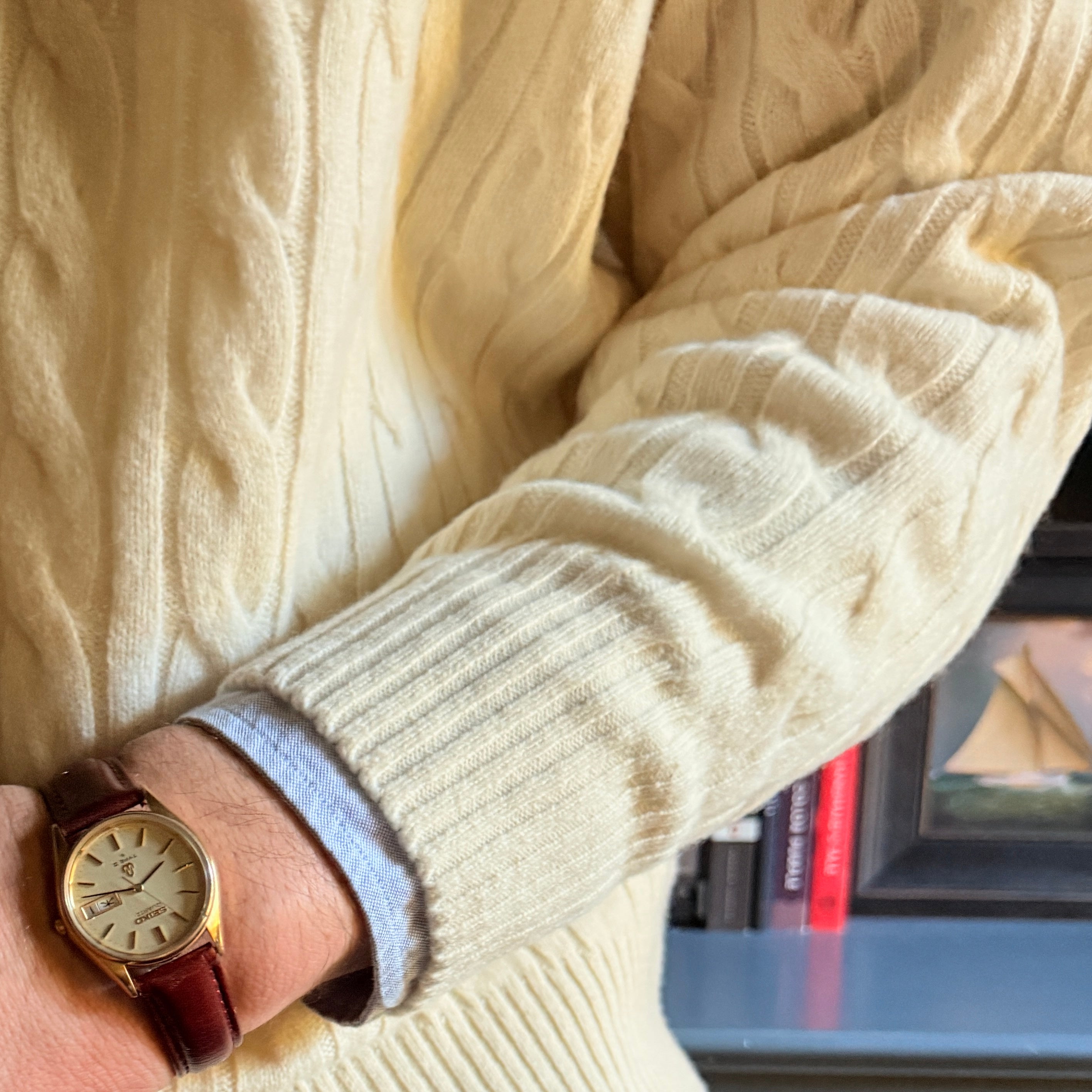 Cream Cable Knit Wool Crew Neck Sweater