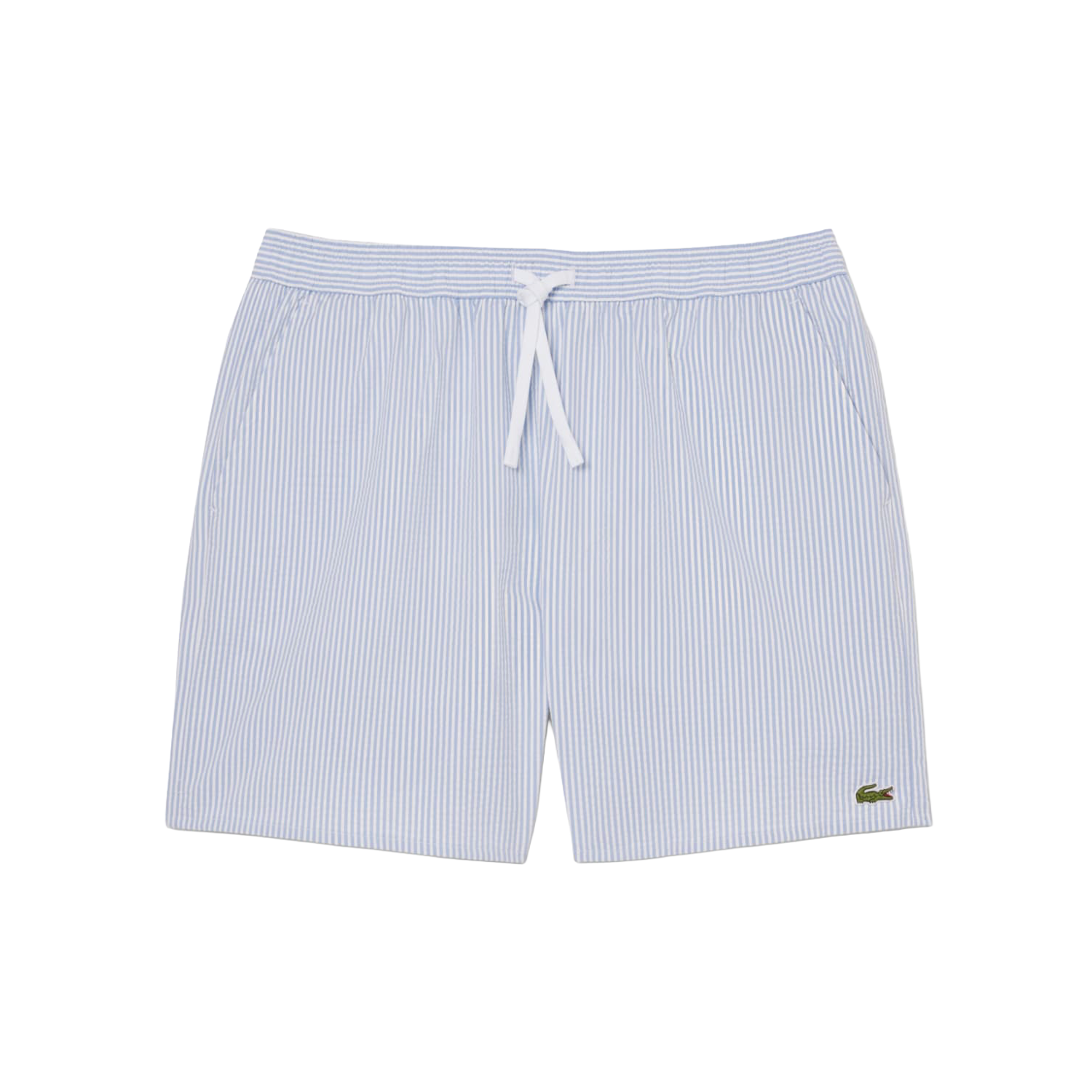 White / Light Blue Mid Length Striped Textured Swim Trunks