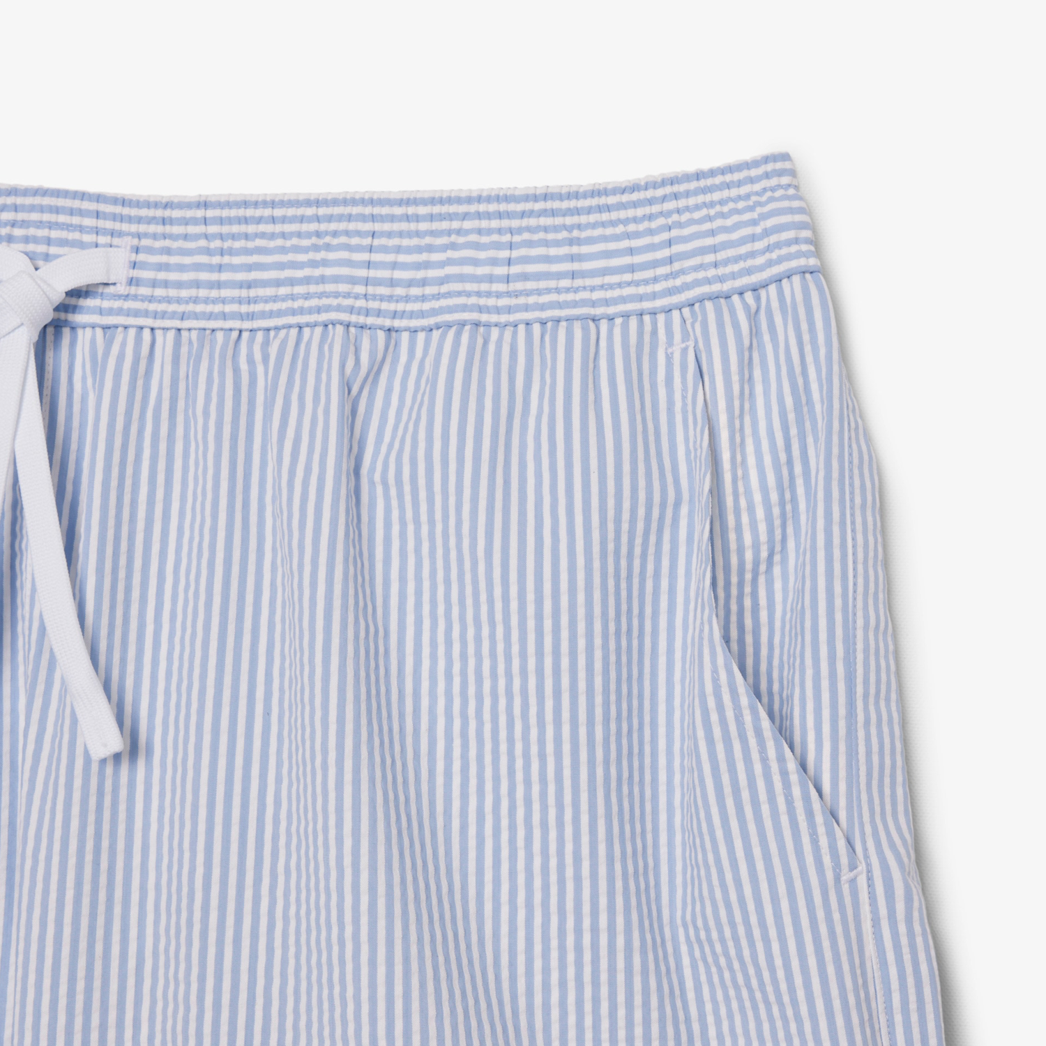 White / Light Blue Mid Length Striped Textured Swim Trunks