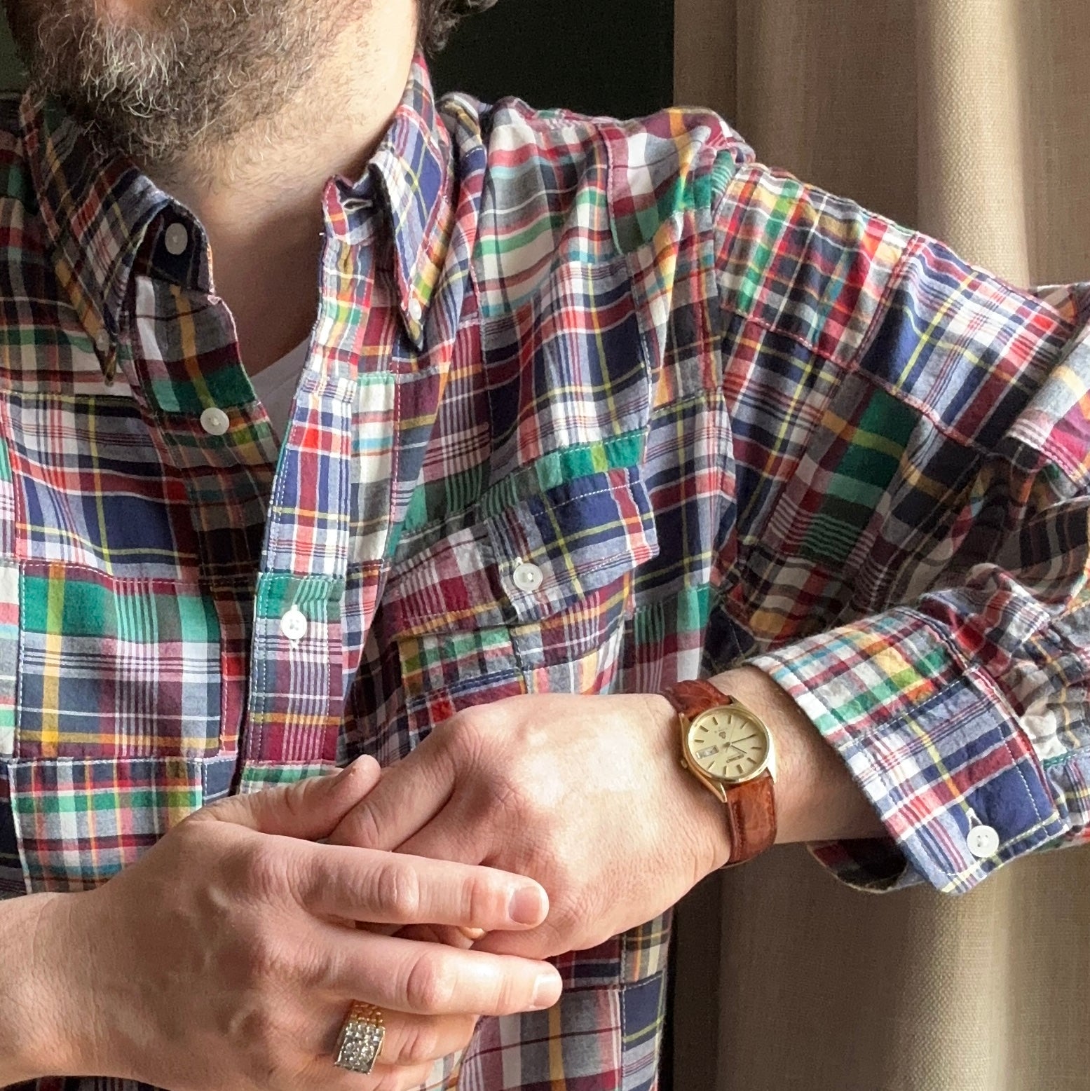 Navy Flap Pocket Patch Madras Button Down Shirt - Classic Fit