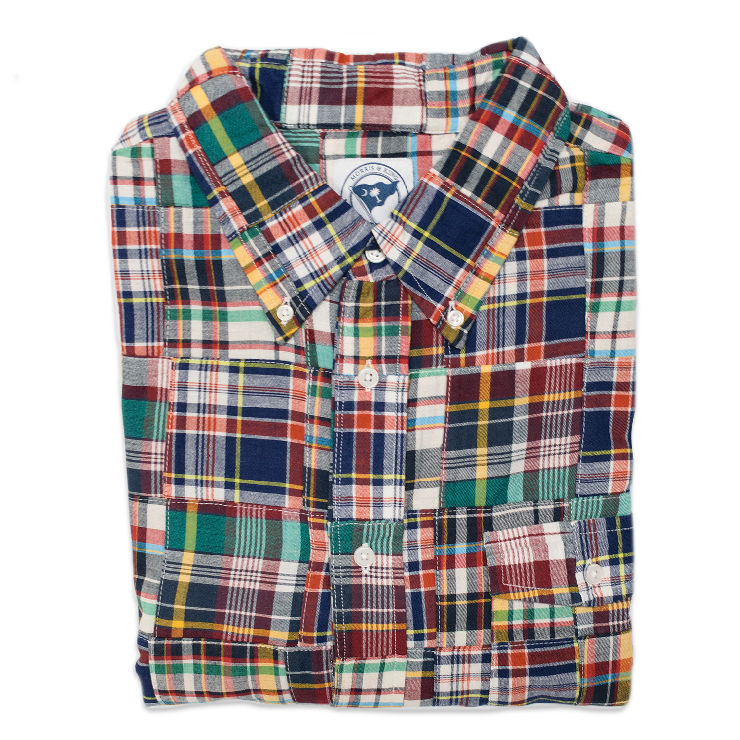 Navy Flap Pocket Patch Madras Button Down Shirt - Classic Fit