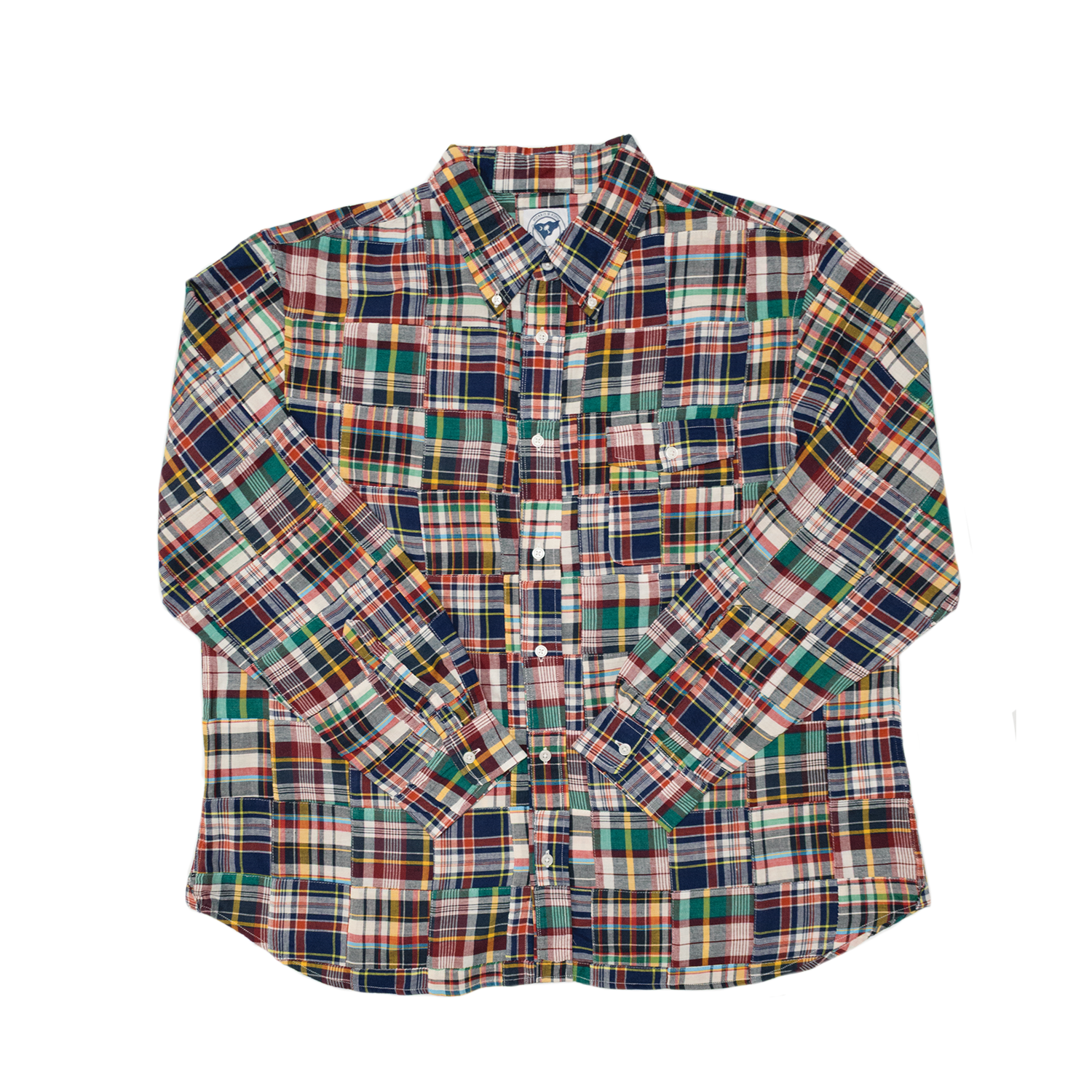 Navy Flap Pocket Patch Madras Button Down Shirt - Classic Fit