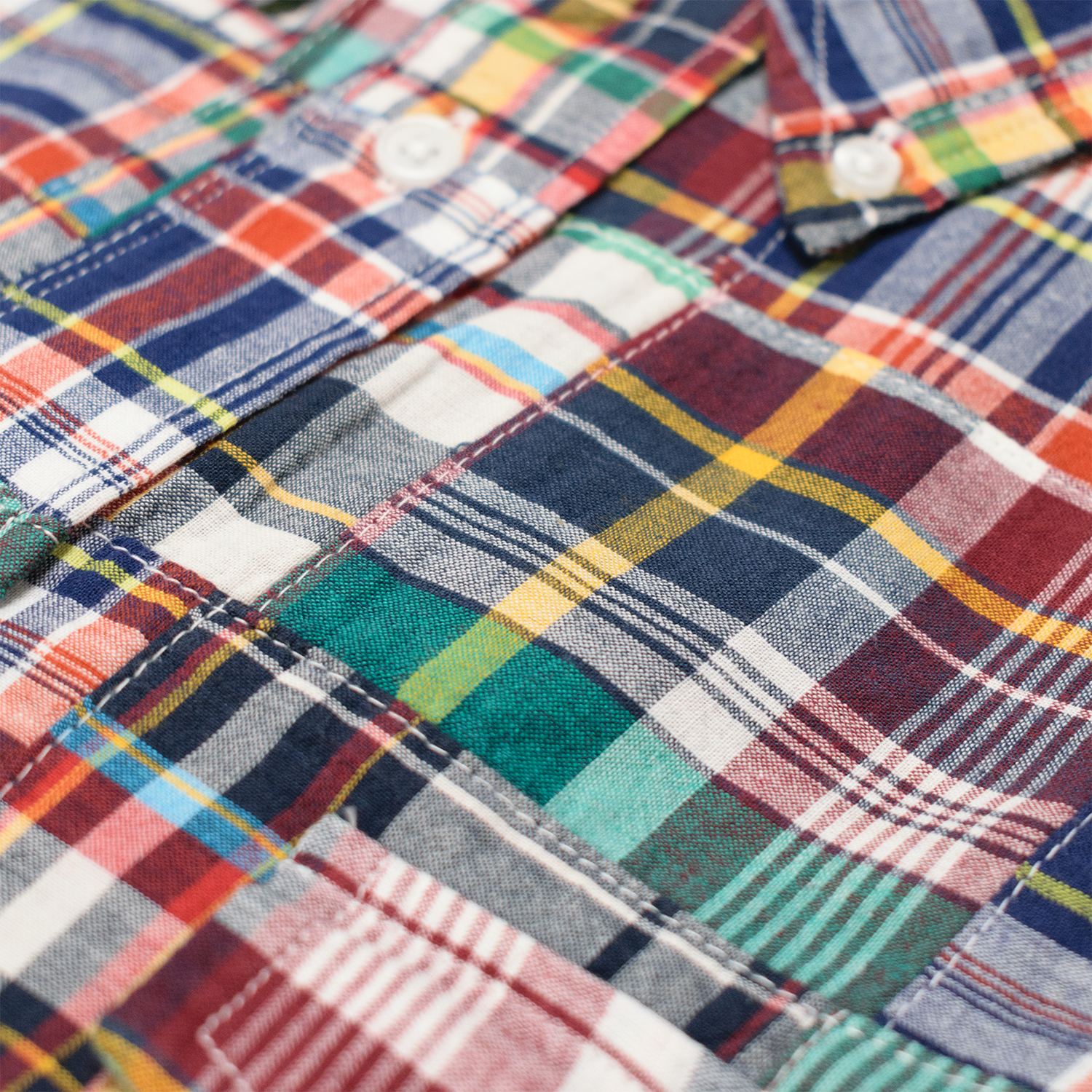 Navy Flap Pocket Patch Madras Button Down Shirt - Classic Fit