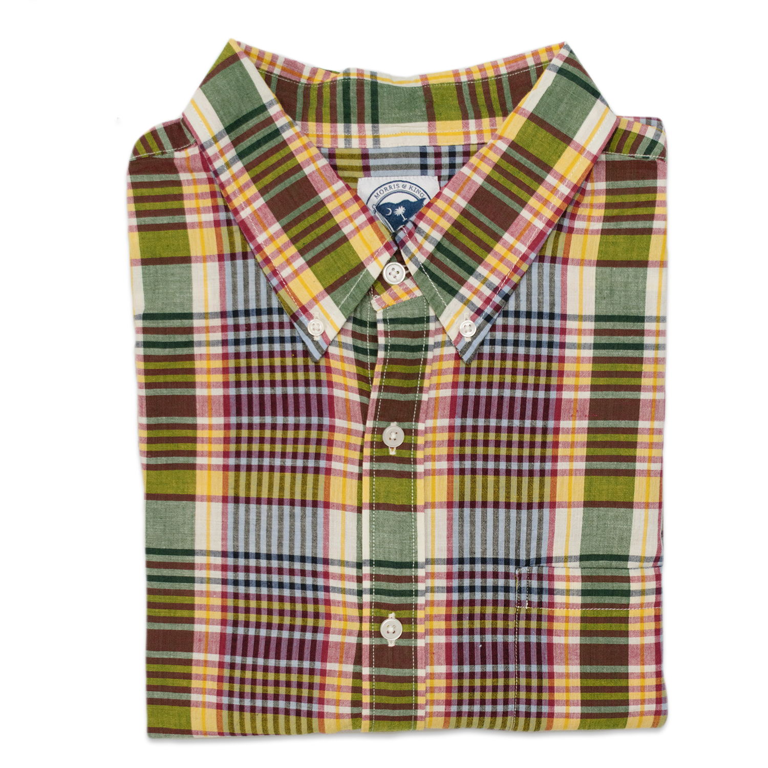 Green / Yellow / Red Short Sleeve Madras Button Down Shirt - Classic Fit