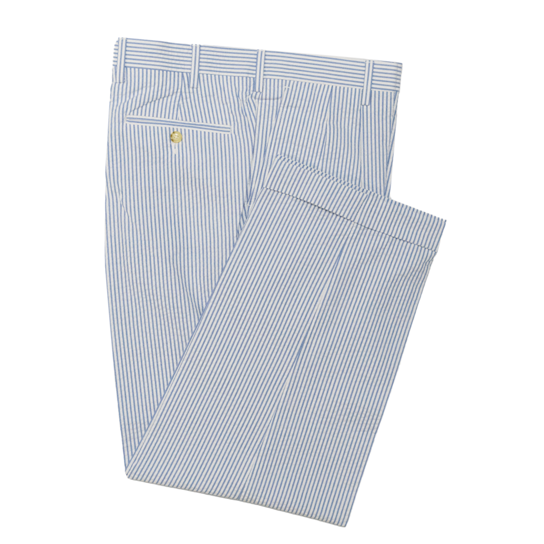 Light Blue / White Pleated Seersucker Trousers - Classic Fit