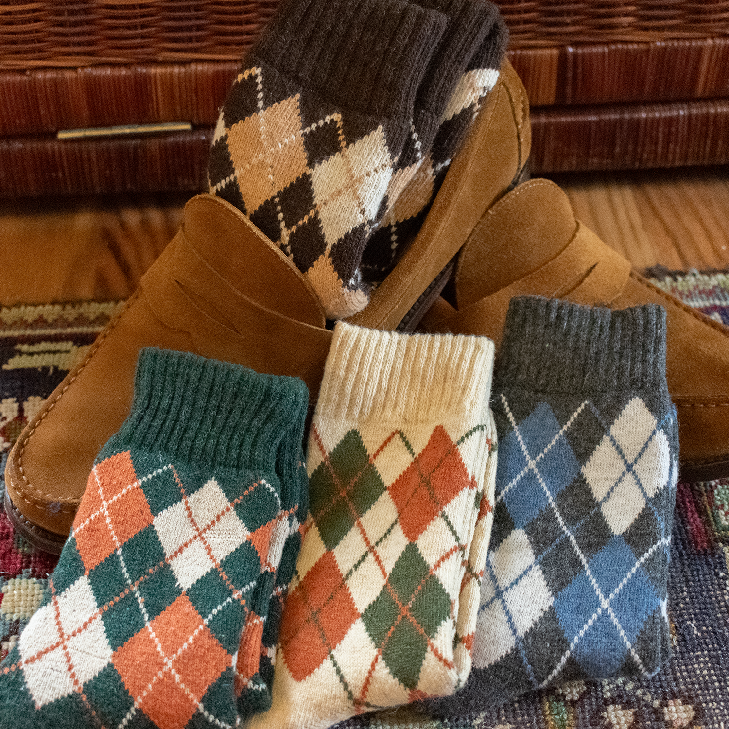 Forest Green / Terracotta Mid-Weight Argyle Socks (SS24)