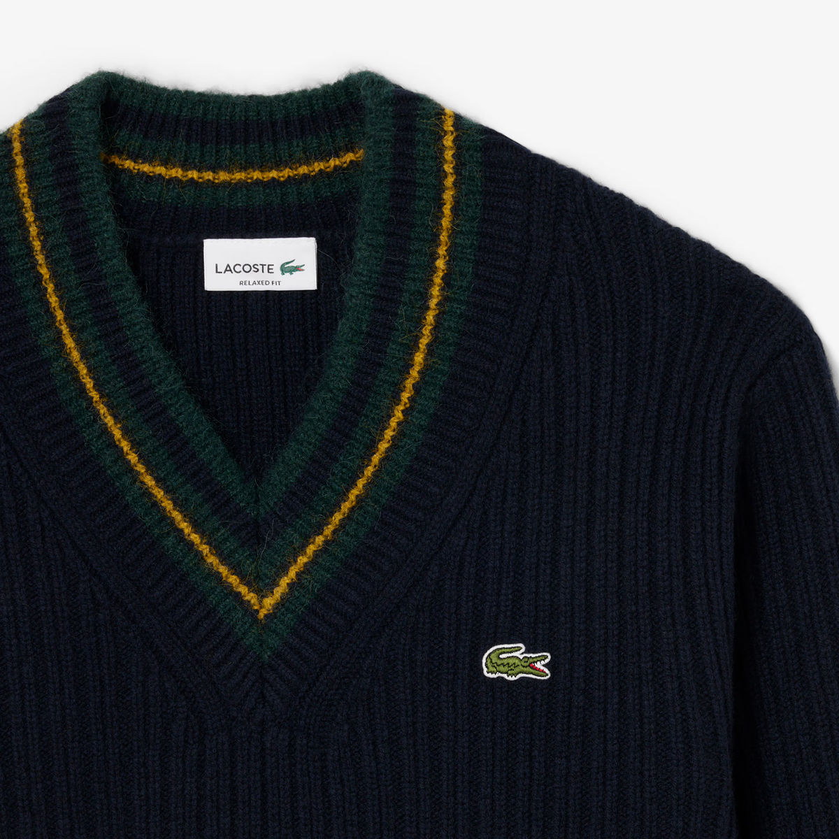 Navy Blue / Green / Yellow Striped Wool V-Neck Sweater