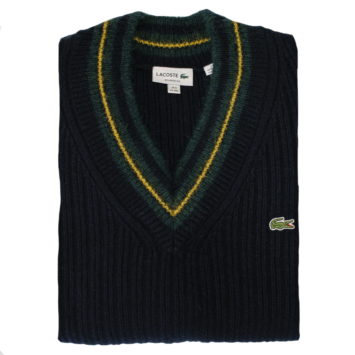 Navy Blue / Green / Yellow Striped Wool V-Neck Sweater