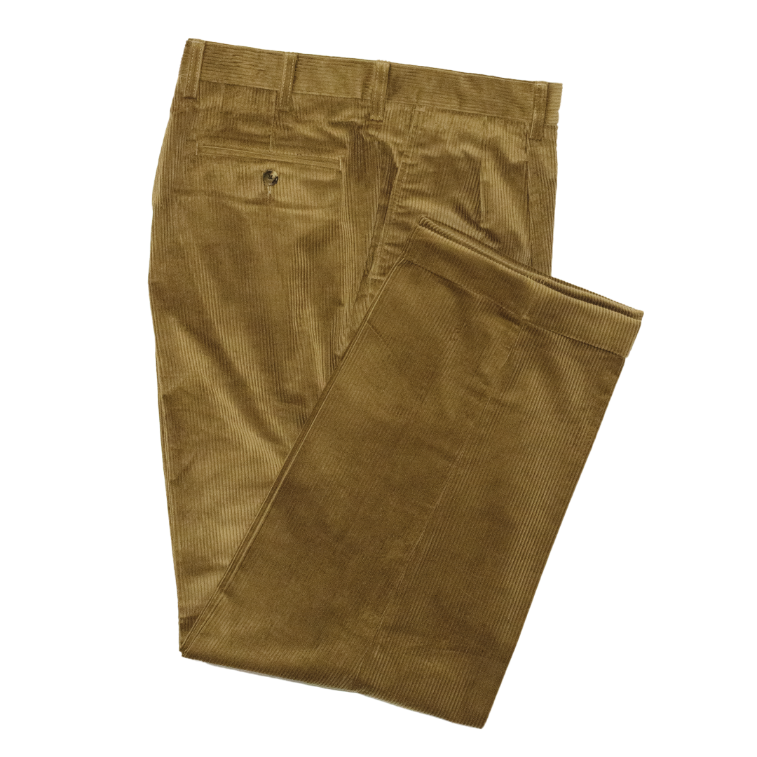Tan Pleated Italian Corduroy Trousers - Classic Fit
