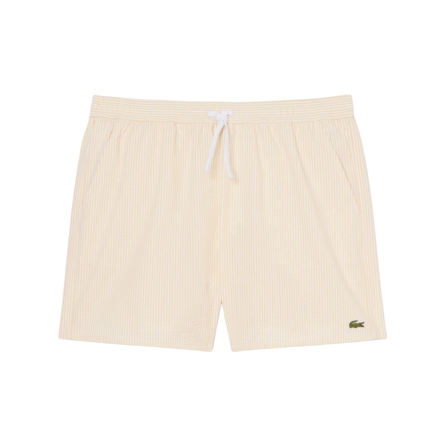 White / Yellow Mid Length Striped Textured Swim Trunks