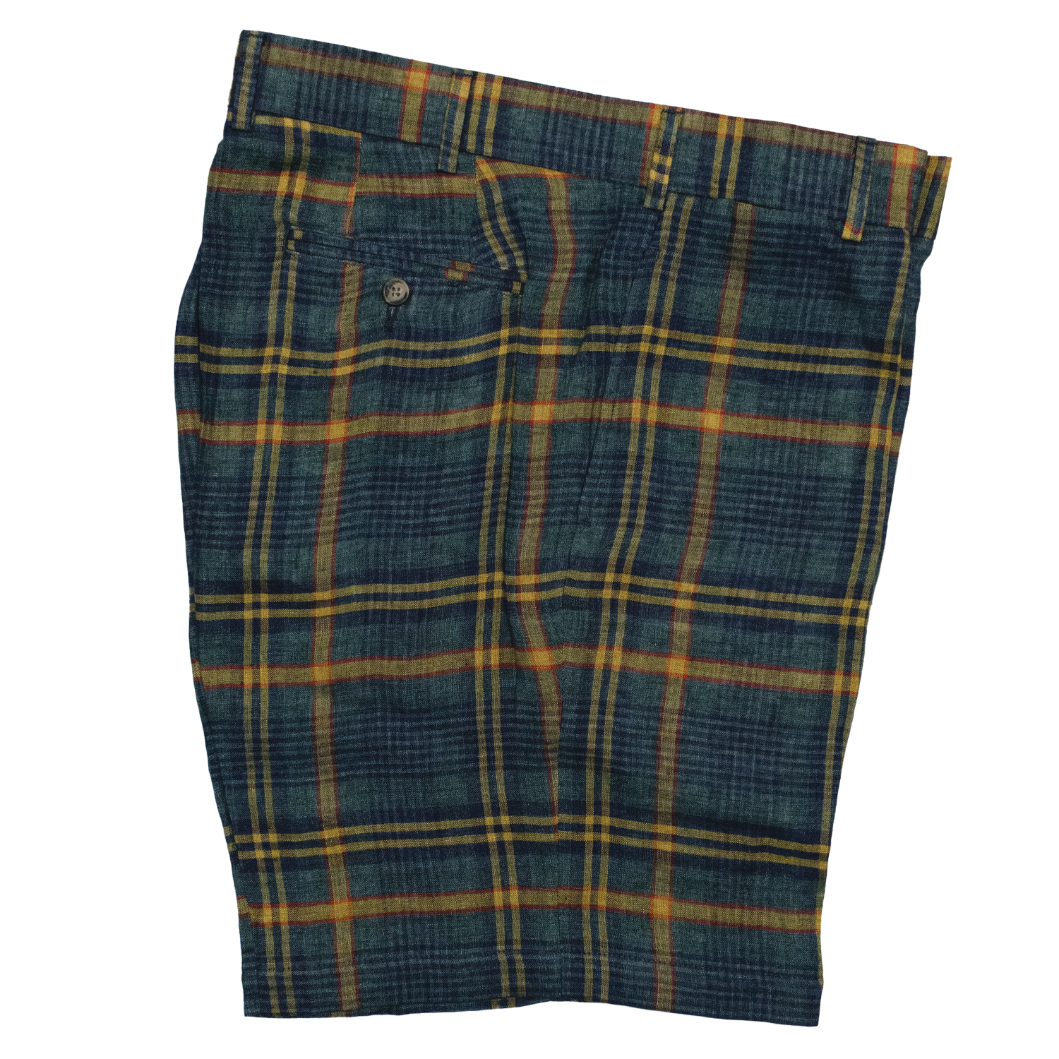 Navy Plaid Linen Shorts - Classic Fit