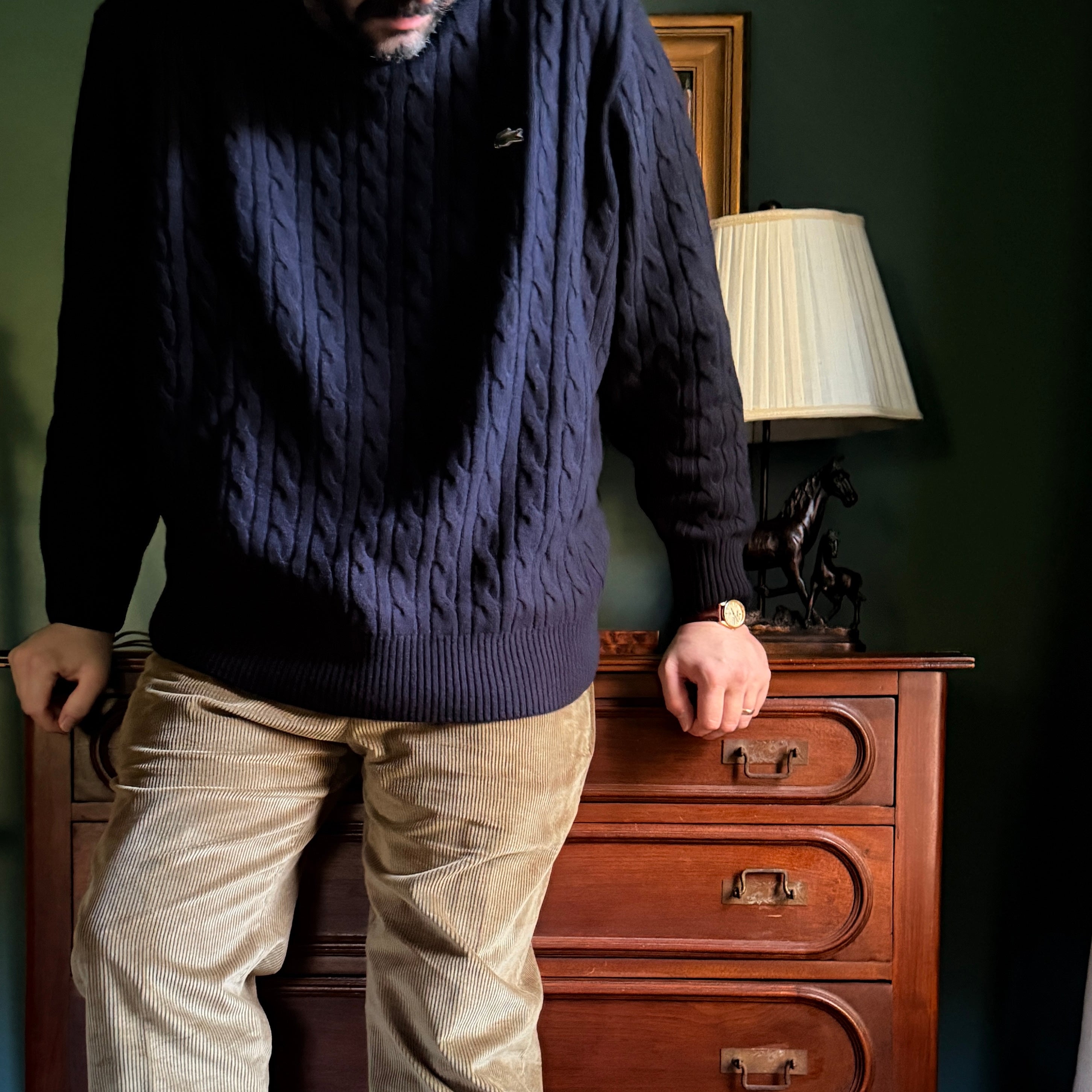 Navy Cable Knit Wool Crew Neck Sweater