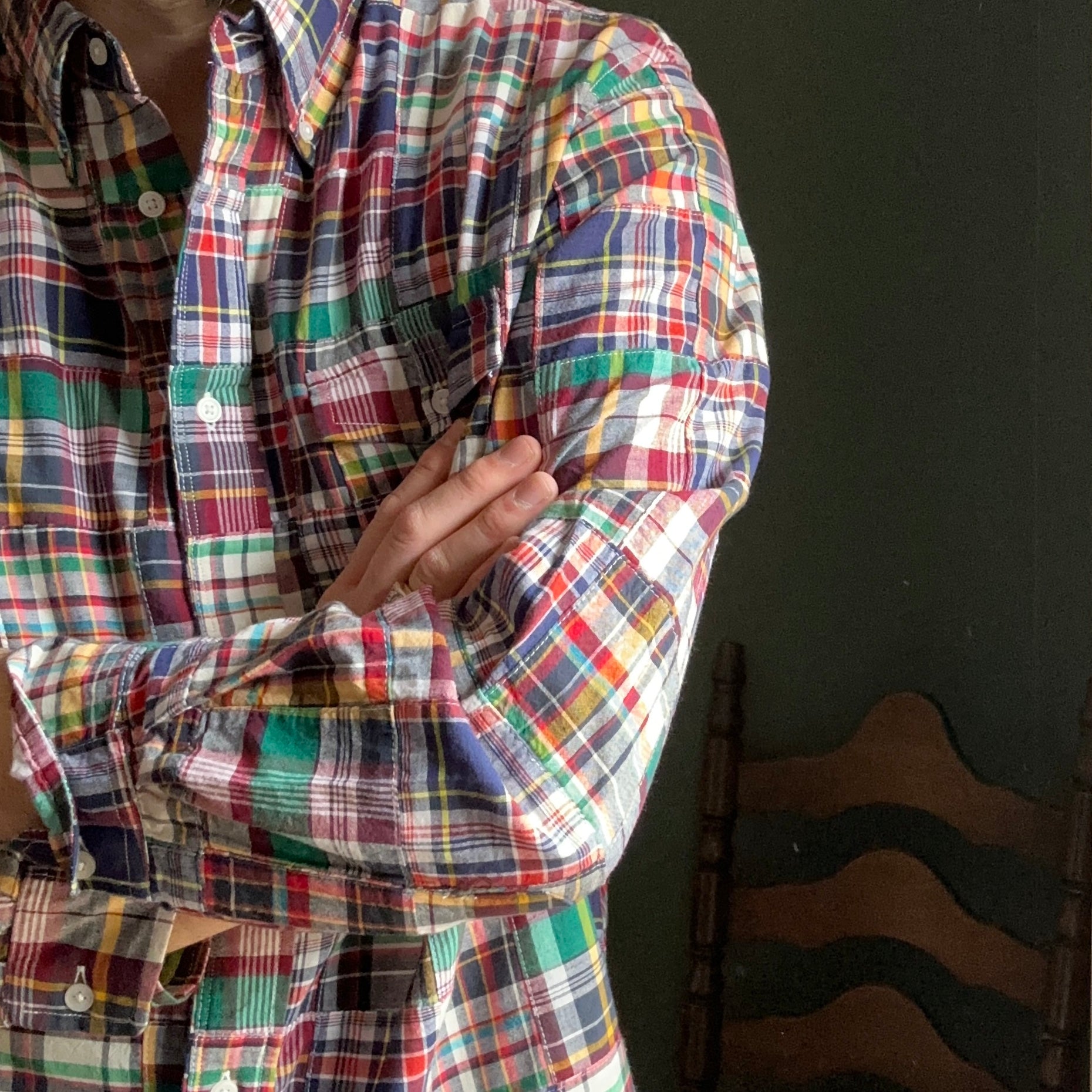 Navy Flap Pocket Patch Madras Button Down Shirt - Classic Fit