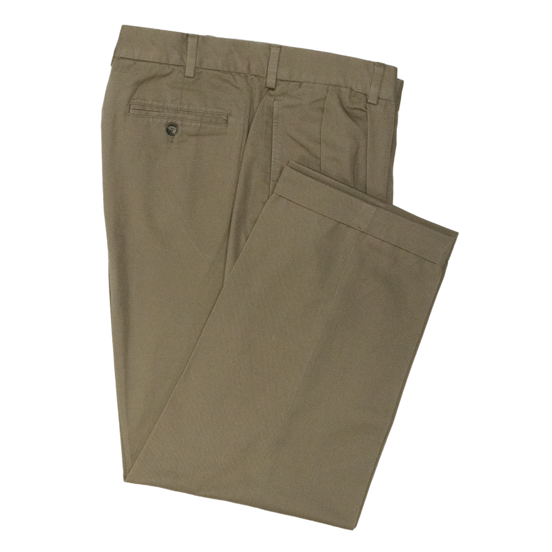 Olive Pleated Combed Cotton Pants - Classic Fit