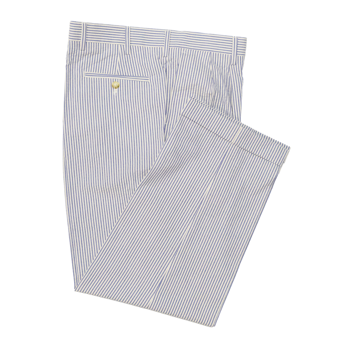 Blue / White Pleated Seersucker Trousers - Classic Fit