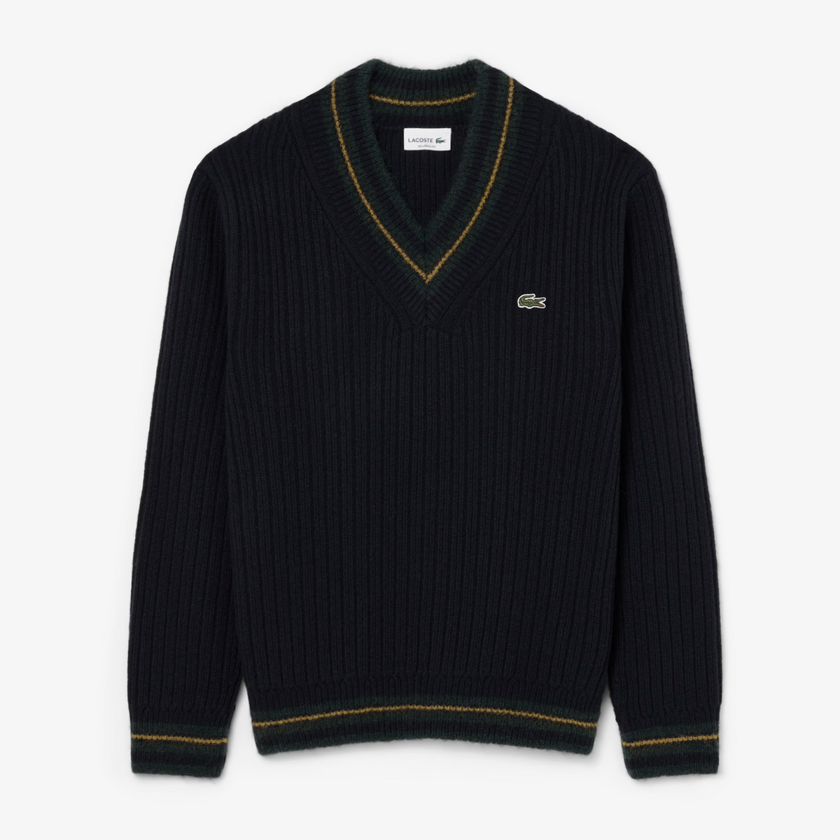 Navy Blue / Green / Yellow Striped Wool V-Neck Sweater