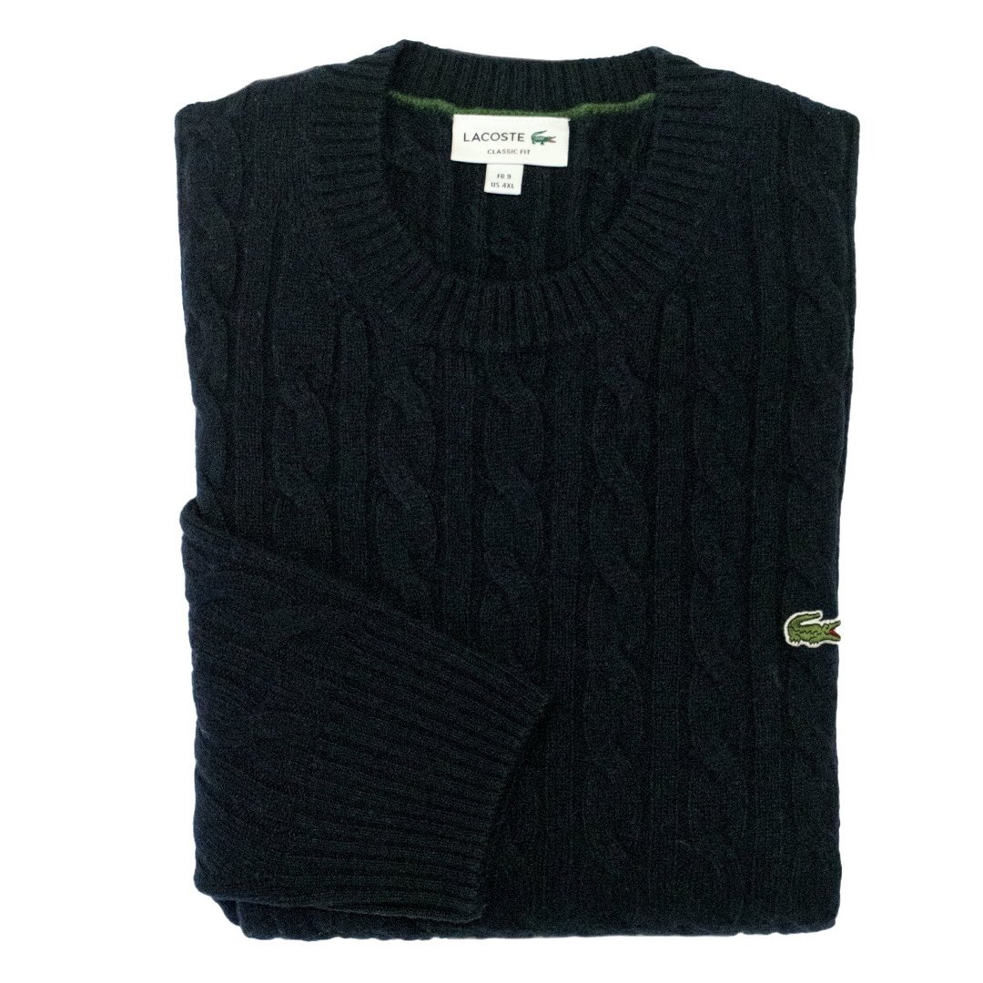 Navy Cable Knit Wool Crew Neck Sweater