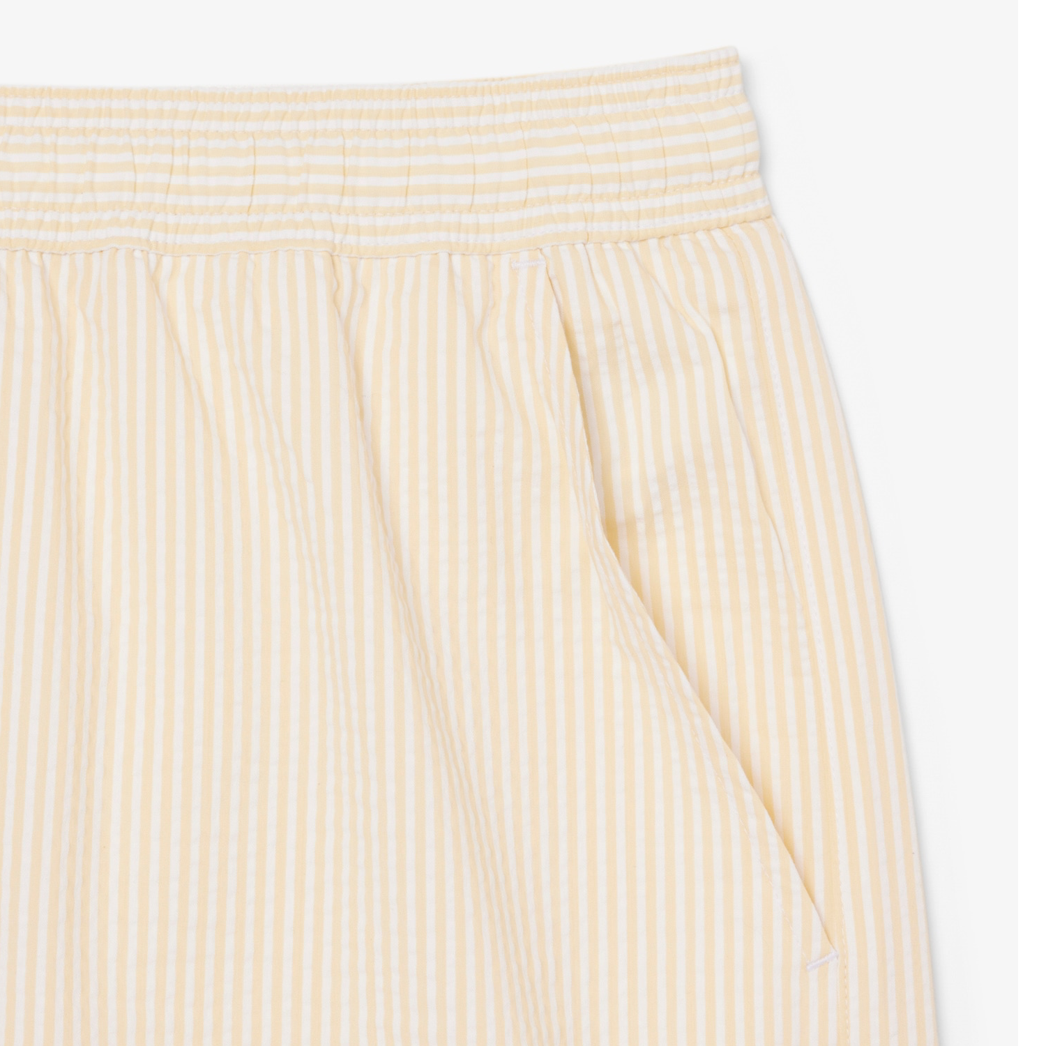 White / Yellow Mid Length Striped Textured Swim Trunks