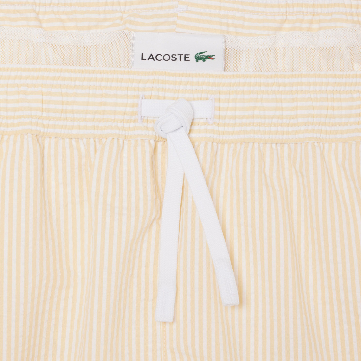 White / Yellow Mid Length Striped Textured Swim Trunks